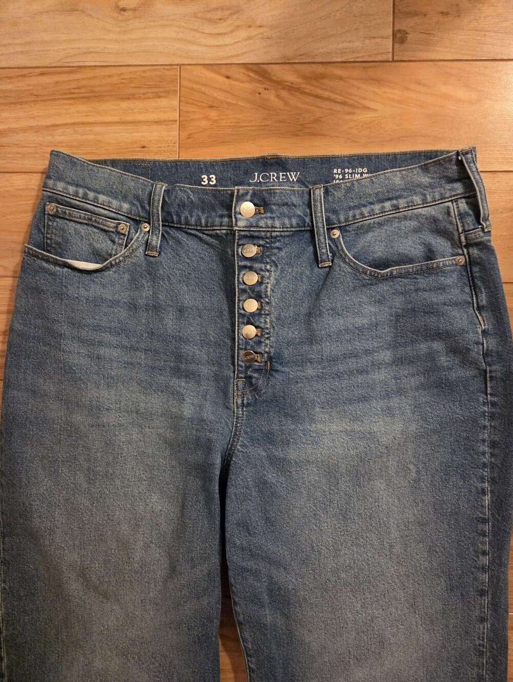 J. Crew High Rise 96 Slim Wide Button Fly Med Wash Jean RE-96-IDG Boho Sz 33 - Picture 2 of 8